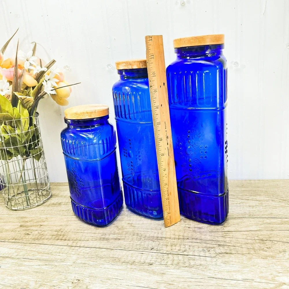 Vintage Cobalt Blue Canister Set of 3: Blue Glass Jars‎ with Wood Lids